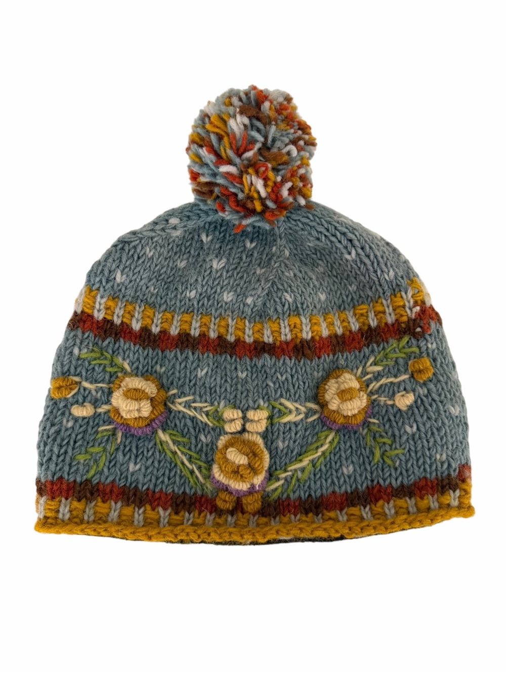 UNBRANDED Blue Wool Floral Embroidered Pom Pom Beanie Made Nepal One Size